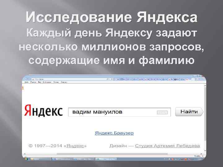 Исследование Яндекса Каждый день Яндексу задают несколько миллионов запросов, содержащие имя и фамилию 