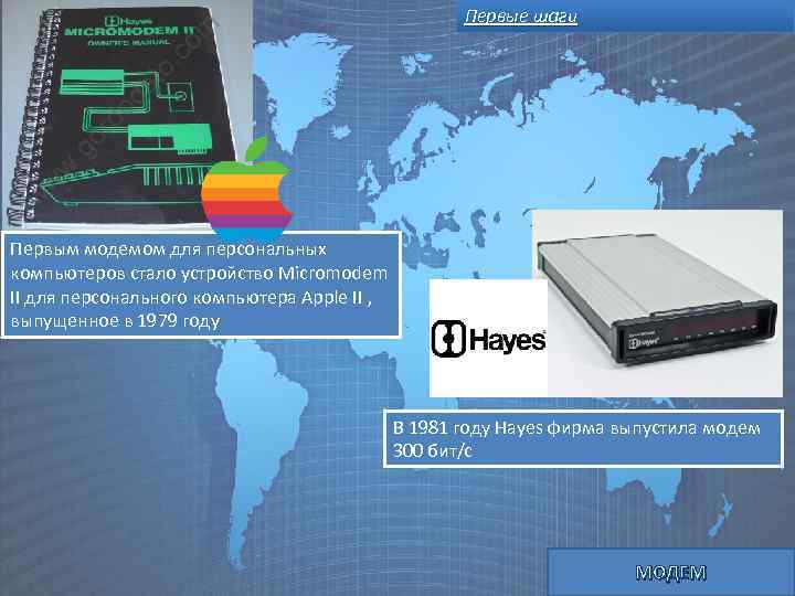 Первые шаги Первым модемом для персональных компьютеров стало устройство Micromodem II для персонального компьютера