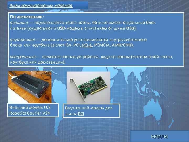Виды компьютерных модемов По исполнению: внешние — подключаются через порты, обычно имеют отдельный блок