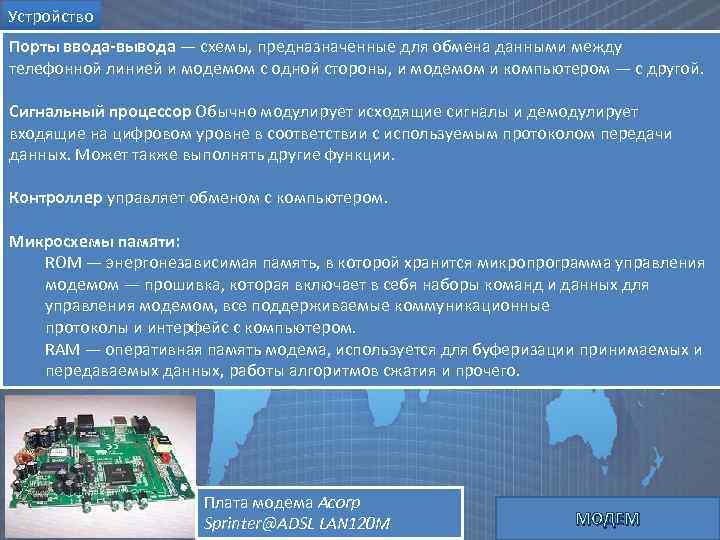 Устройство Порты ввода-вывода — схемы, предназначенные для обмена данными между телефонной линией и модемом