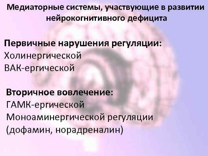 Медиаторные системы, участвующие в развитии нейрокогнитивного дефицита Первичные нарушения регуляции: Холинергической ВАК-ергической Вторичное вовлечение: