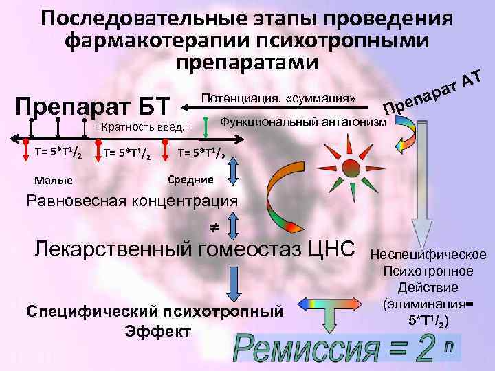 Последовательные этапы проведения фармакотерапии психотропными препаратами Препарат БТ Потенциация, «суммация» Малые T= 5*Т 1/2