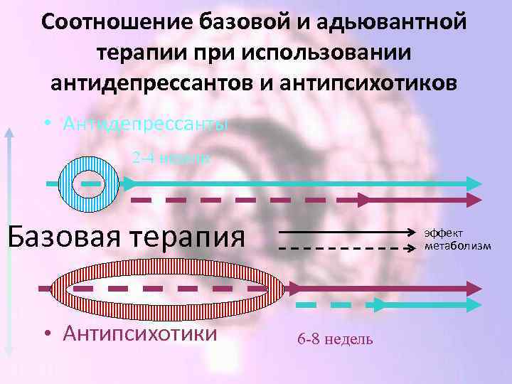 Соотношение базовой и адьювантной терапии при использовании антидепрессантов и антипсихотиков • Антидепрессанты 2 -4