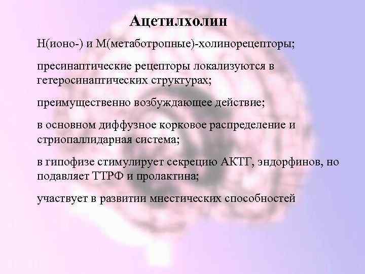 Ацетилхолин Н(ионо-) и М(метаботропные)-холинорецепторы; пресинаптические рецепторы локализуются в гетеросинаптических структурах; преимущественно возбуждающее действие; в