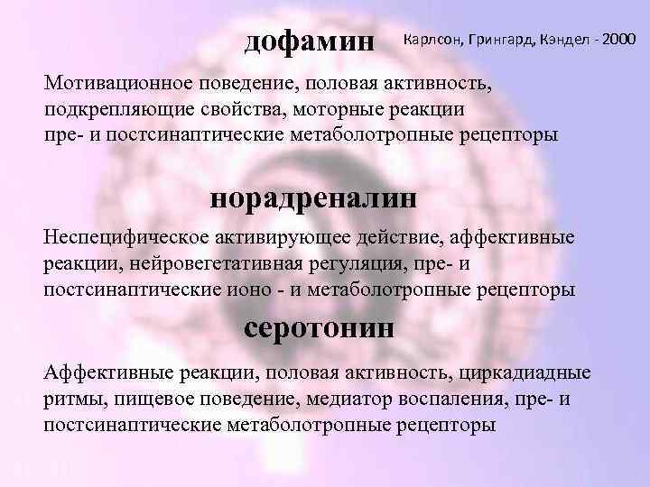 дофамин Карлсон, Грингард, Кэндел - 2000 Мотивационное поведение, половая активность, подкрепляющие свойства, моторные реакции