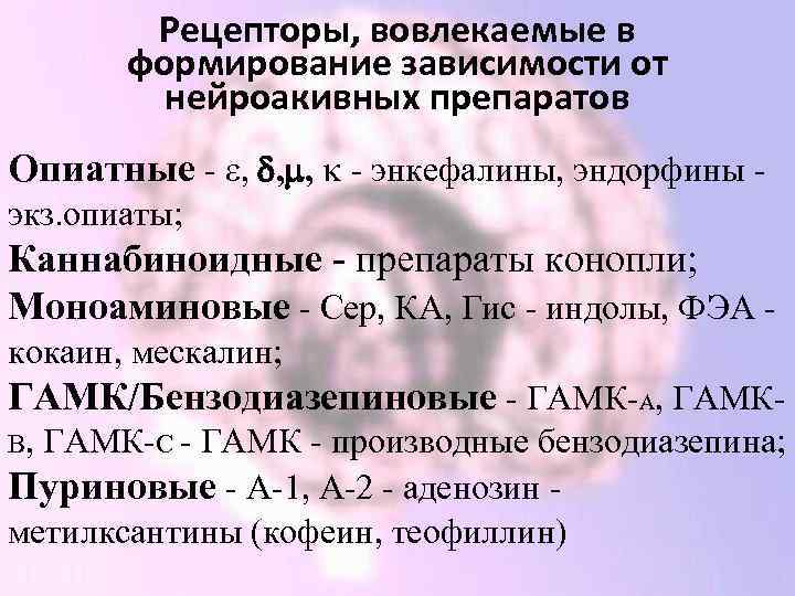 Рецепторы, вовлекаемые в формирование зависимости от нейроакивных препаратов Опиатные - , , , -