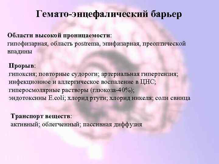 Гемато-энцефалический барьер Области высокой проницаемости: гипофизарная, область postrema, эпифизарная, преоптической впадины Прорыв: гипоксия; повторные