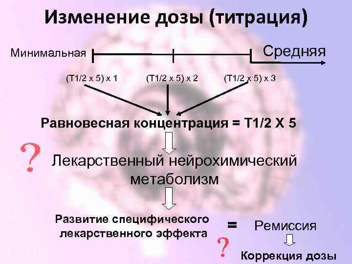 Изменение дозы (титрация) Средняя Минимальная (Т 1/2 х 5) х 1 (Т 1/2 х