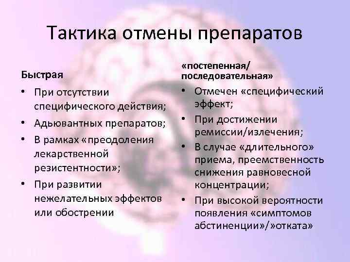 Тактика отмены препаратов Быстрая • При отсутствии специфического действия; • Адьювантных препаратов; • В