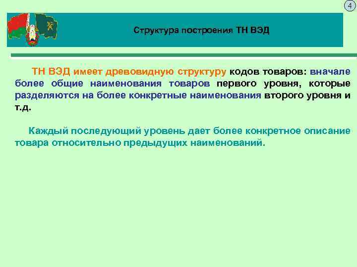 4 Структура построения ТН ВЭД имеет древовидную структуру кодов товаров: вначале более общие наименования