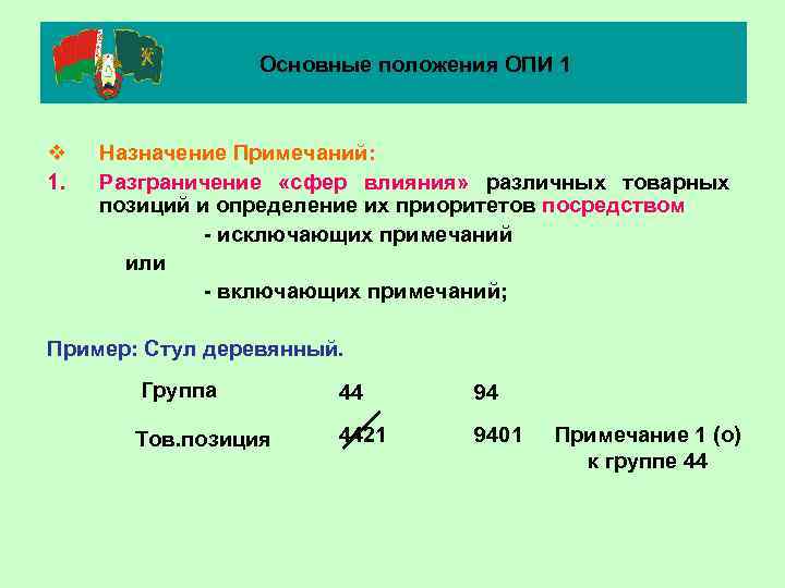 Основные положения ОПИ 1 v 1. Назначение Примечаний: Разграничение «сфер влияния» различных товарных позиций