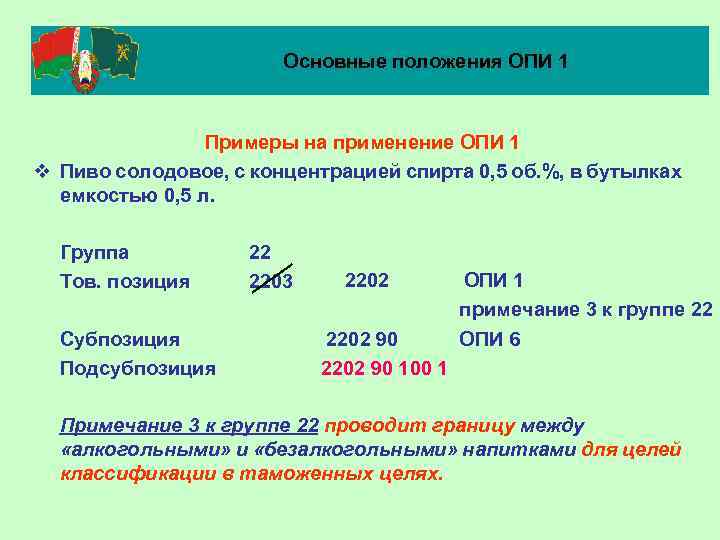 Основные положения ОПИ 1 Примеры на применение ОПИ 1 v Пиво солодовое, с концентрацией