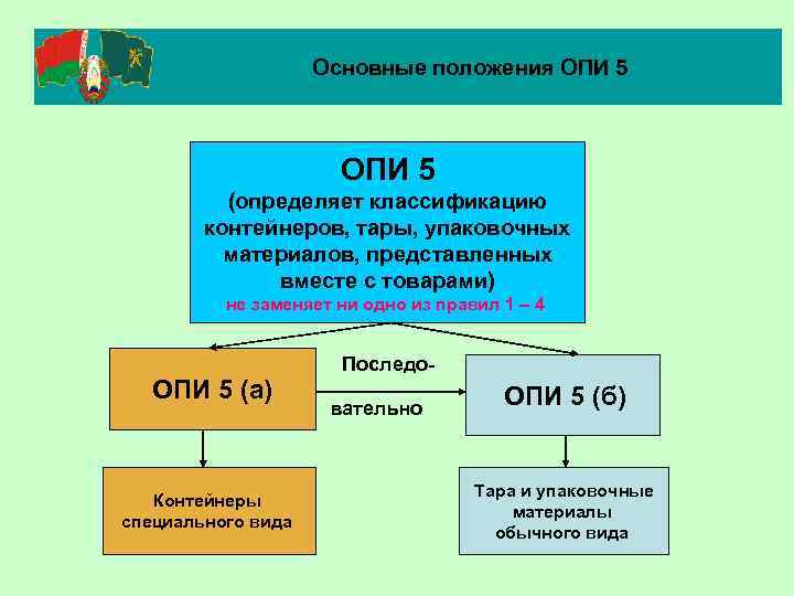 Основные положения ОПИ 5 (определяет классификацию контейнеров, тары, упаковочных материалов, представленных вместе с товарами)