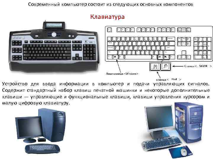 Современный компьютер состоит из следующих основных компонентов Клавиатура Устройство для ввода информации в компьютер