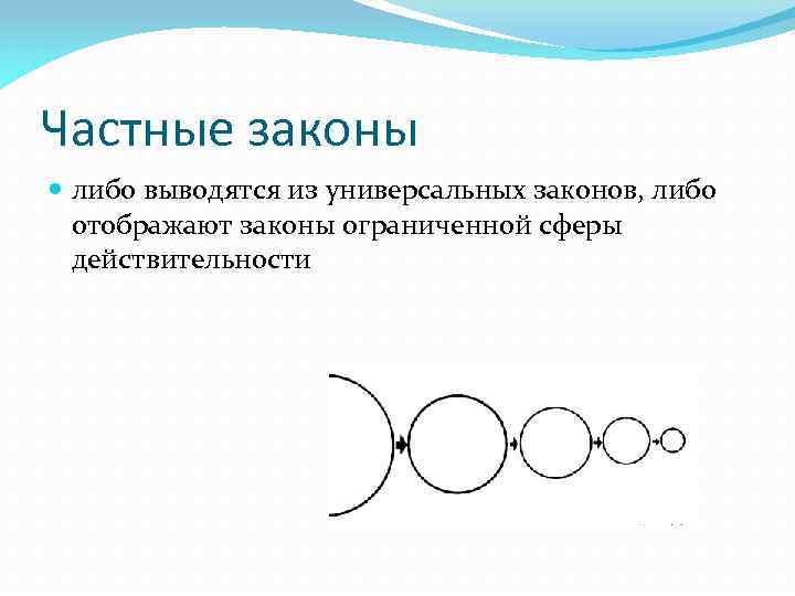 Частные законы либо выводятся из универсальных законов, либо отображают законы ограниченной сферы действительности 