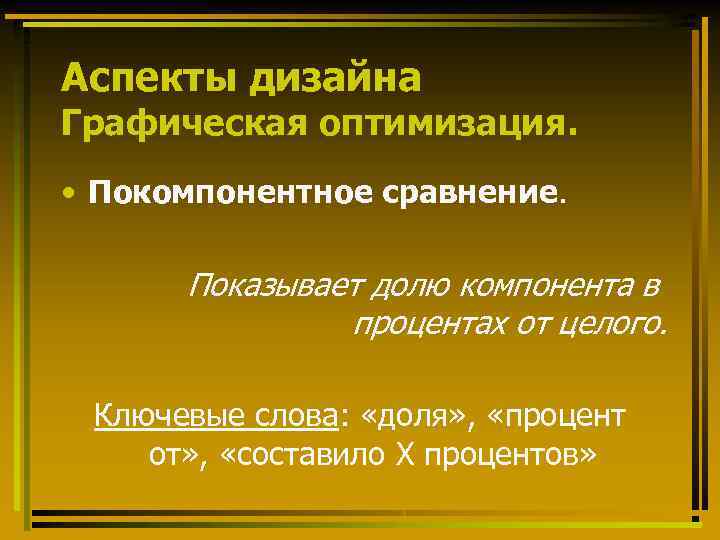 Аспекты дизайна Графическая оптимизация. • Покомпонентное сравнение. Показывает долю компонента в процентах от целого.