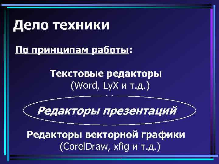 Дело техники По принципам работы: Текстовые редакторы (Word, Ly. X и т. д. )