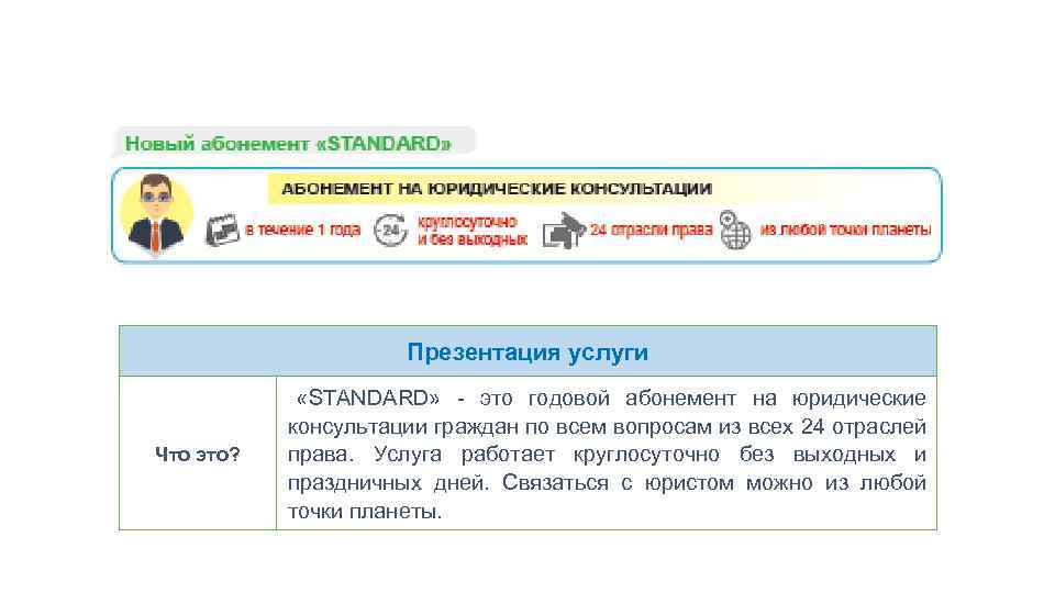 Презентация услуги Что это? «STANDARD» - это годовой абонемент на юридические консультации граждан по