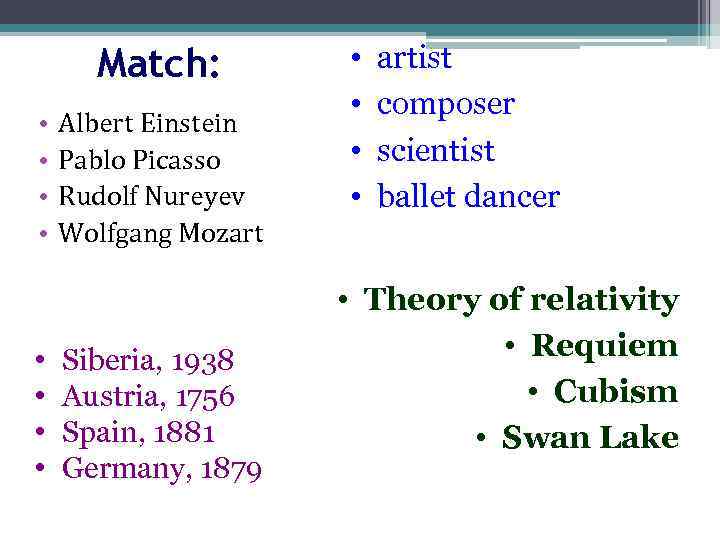 Match: • • Albert Einstein Pablo Picasso Rudolf Nureyev Wolfgang Mozart Siberia, 1938 Austria,