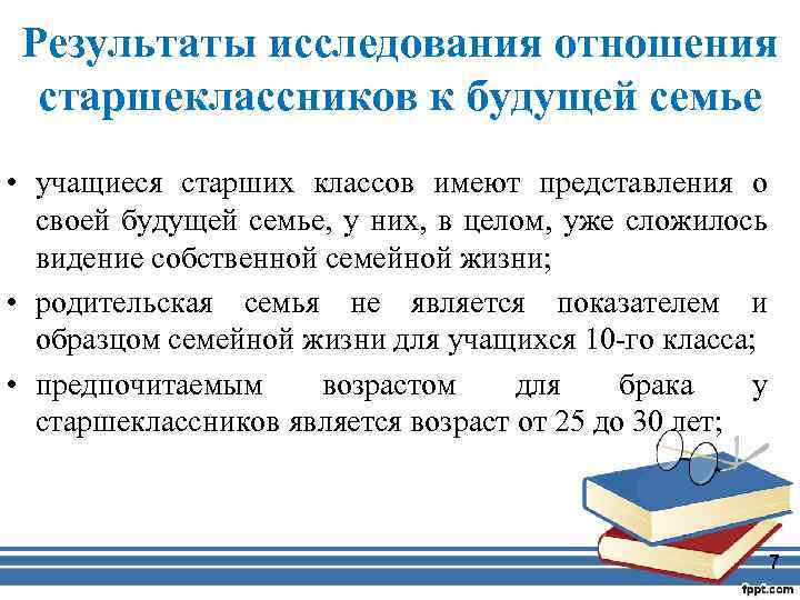 Результаты исследования отношения старшеклассников к будущей семье • учащиеся старших классов имеют представления о