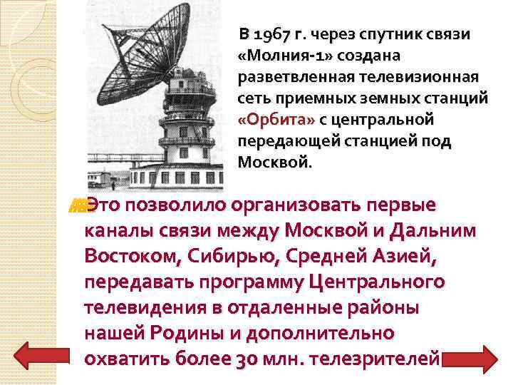 В 1967 г. через спутник связи «Молния-1» создана разветвленная телевизионная сеть приемных земных станций