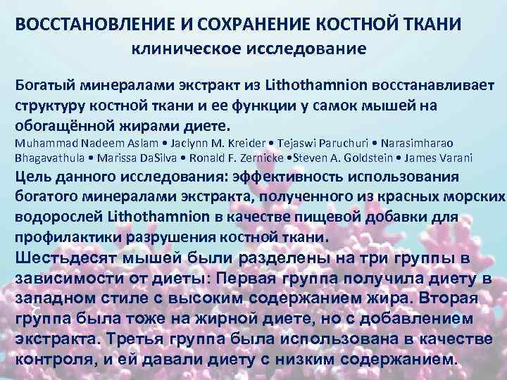 ВОССТАНОВЛЕНИЕ И СОХРАНЕНИЕ КОСТНОЙ ТКАНИ клиническое исследование Богатый минералами экстракт из Lithothamnion восстанавливает структуру