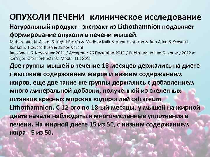 ОПУХОЛИ ПЕЧЕНИ клиническое исследование Натуральный продукт - экстракт из Lithothamnion подавляет формирование опухоли в