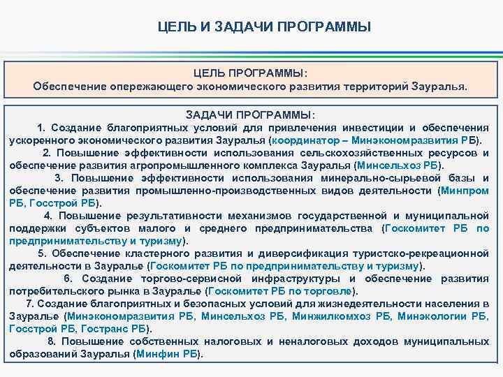 ЦЕЛЬ И ЗАДАЧИ ПРОГРАММЫ ЦЕЛЬ ПРОГРАММЫ: Обеспечение опережающего экономического развития территорий Зауралья. ЗАДАЧИ ПРОГРАММЫ: