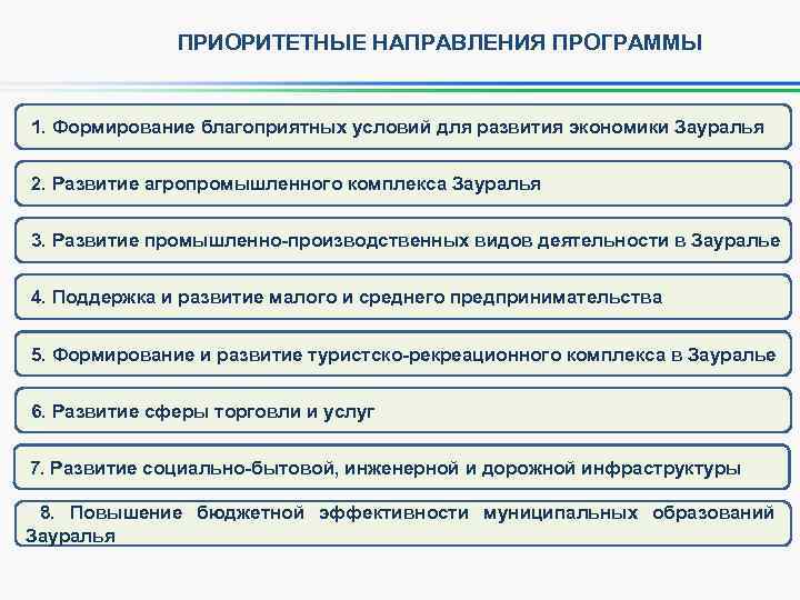 ПРИОРИТЕТНЫЕ НАПРАВЛЕНИЯ ПРОГРАММЫ 1. Формирование благоприятных условий для развития экономики Зауралья 2. Развитие агропромышленного
