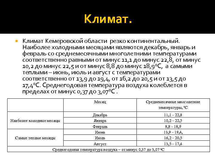 Климат Кемеровской области резко континентальный. Наиболее холодными месяцами являются декабрь, январь и февраль со