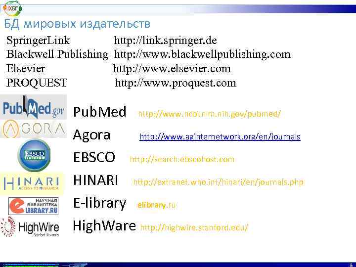 БД мировых издательств Springer. Link Blackwell Publishing Elsevier PROQUEST http: //link. springer. de http: