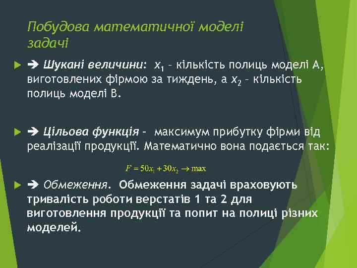 Побудова математичної моделі задачі Шукані величини: х1 – кількість полиць моделі А, виготовлених фірмою