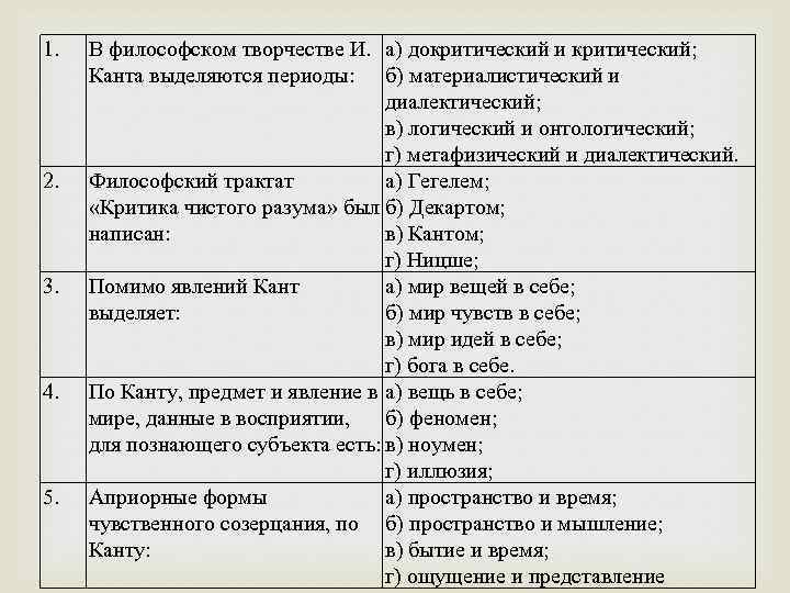 1. В философском творчестве И. а) докритический и критический; Канта выделяются периоды: б) материалистический