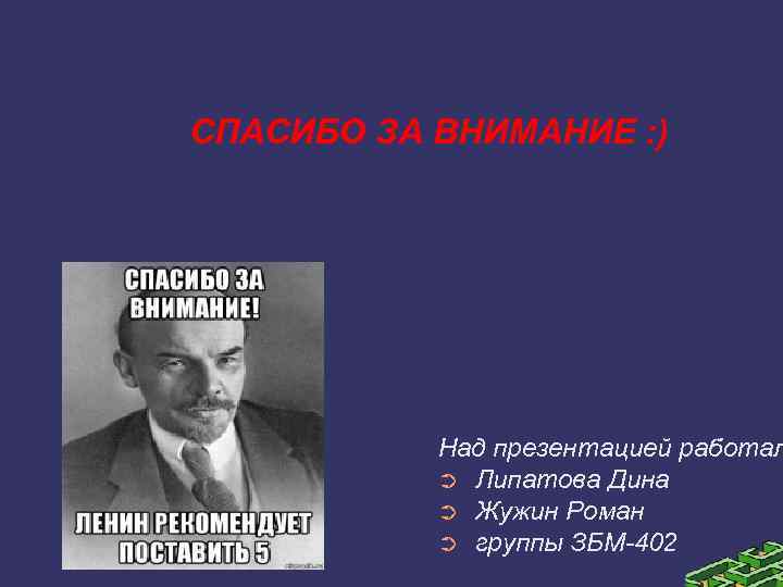 СПАСИБО ЗА ВНИМАНИЕ : ) Над презентацией работал ➲ Липатова Дина ➲ Жужин Роман