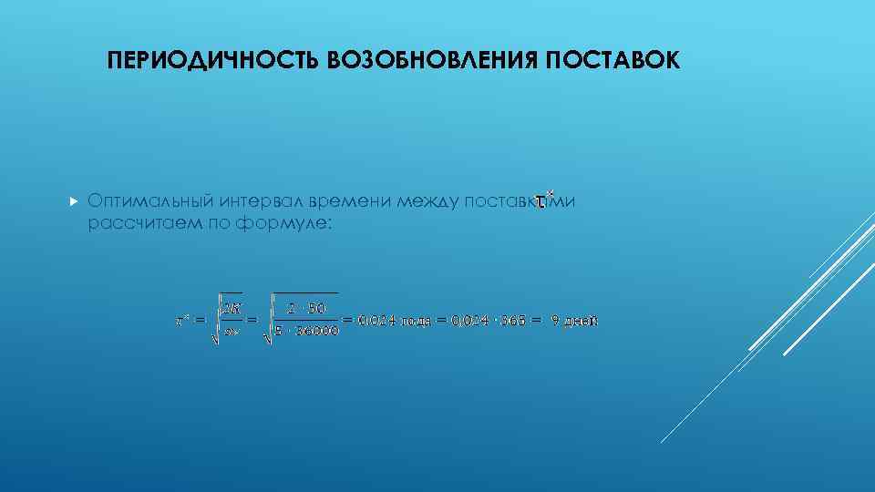 ПЕРИОДИЧНОСТЬ ВОЗОБНОВЛЕНИЯ ПОСТАВОК Оптимальный интервал времени между поставками рассчитаем по формуле: 