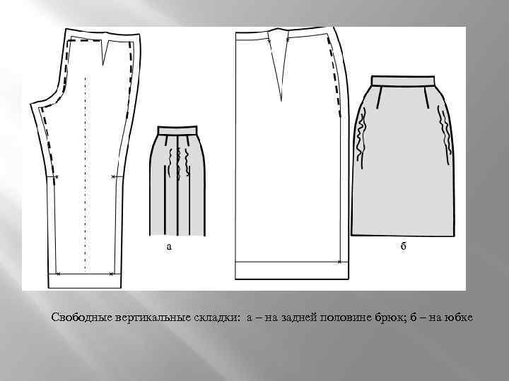 Свободные вертикальные складки: а – на задней половине брюк; б – на юбке 