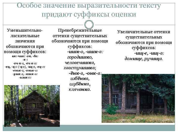 Особое значение выразительности тексту придают суффиксы оценки Уменьшительноласкательные значения обозначаются при помощи суффиксов: ик: