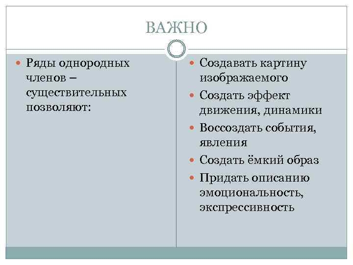 ВАЖНО Ряды однородных членов – существительных позволяют: Создавать картину изображаемого Создать эффект движения, динамики