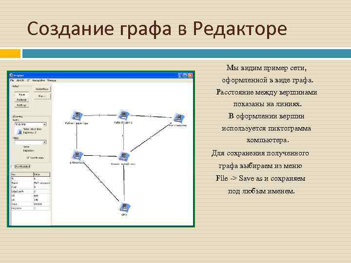 Создание графа в Редакторе Мы видим пример сети, оформленной в виде графа. Расстояние между