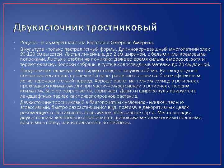 Двукисточник тростниковый • Родина - вся умеренная зона Евразии и Северная Америка. • В