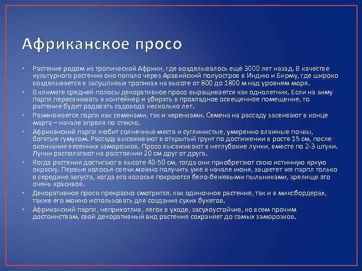 Африканское просо • • Растение родом из тропической Африки, где возделывалось ещё 3000 лет