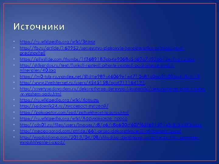 Источники • https: //ru. wikipedia. org/wiki/Злаки • http: //fb. ru/article/163952/semeystvo-zlakovyie-harakteristika-priznaki-plodpredstaviteli • https: //allyslide. com/thumbs/1