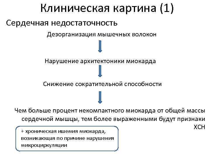 Клиническая картина (1) Сердечная недостаточность Дезорганизация мышечных волокон Нарушение архитектоники миокарда Снижение сократительной способности