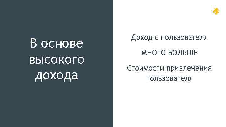 В основе высокого дохода Доход с пользователя МНОГО БОЛЬШЕ Стоимости привлечения пользователя 