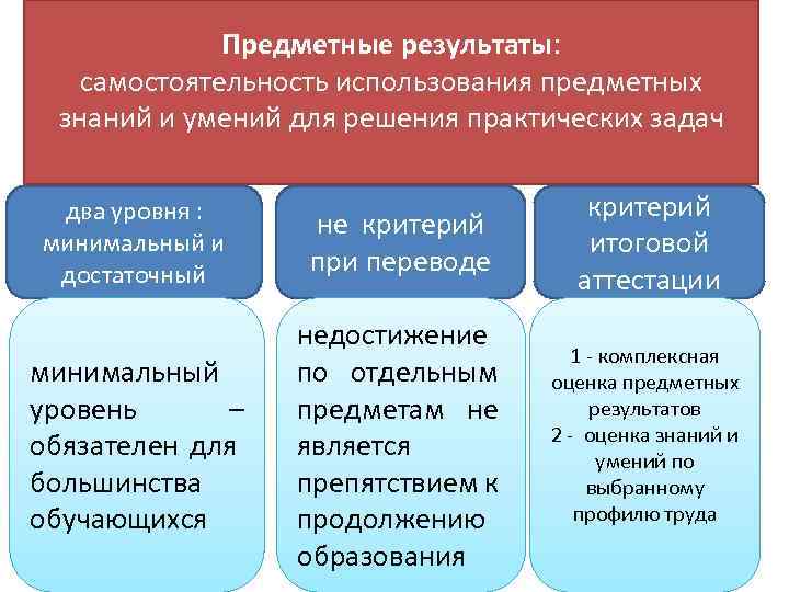 Предметные результаты: самостоятельность использования предметных знаний и умений для решения практических задач два уровня