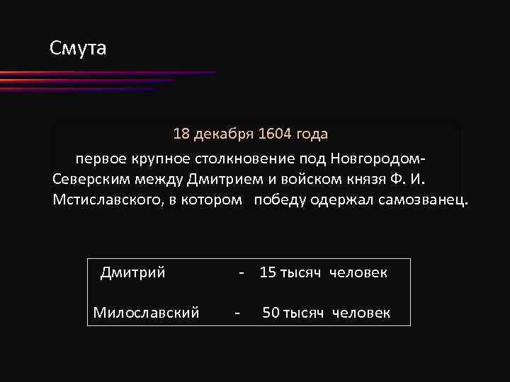 Смута 18 декабря 1604 года первое крупное столкновение под Новгородом. Северским между Дмитрием и
