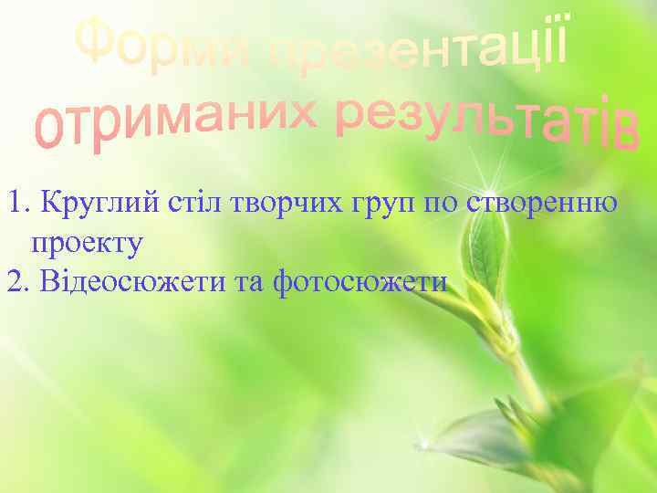 1. Круглий стіл творчих груп по створенню проекту 2. Відеосюжети та фотосюжети 