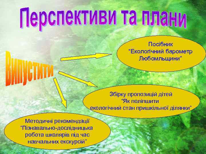 Посібник “Екологічний барометр Любомльщини” Збірку пропозицій дітей “Як поліпшити екологічний стан пришкільної ділянки” Методичні