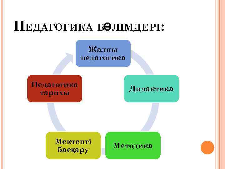 ПЕДАГОГИКА БӨЛІМДЕРІ: Жалпы педагогика Педагогика тарихы Мектепті басқару Дидактика Методика 