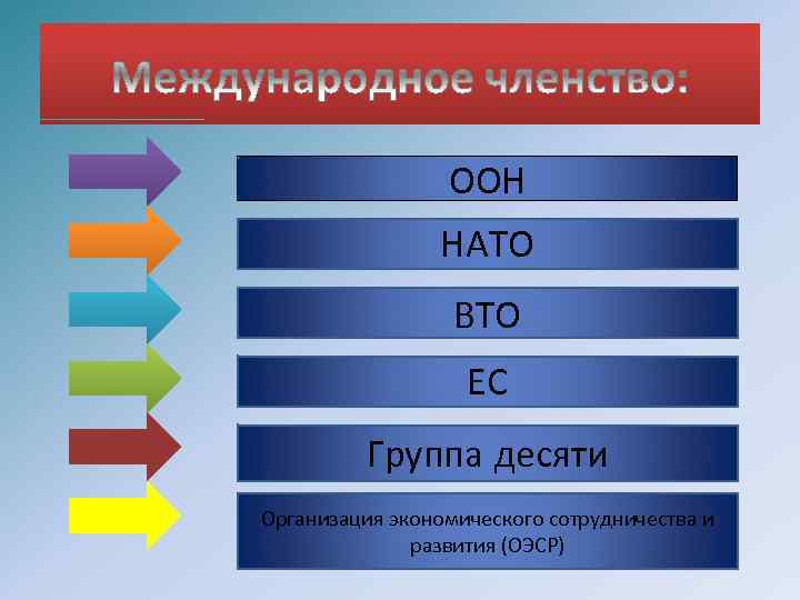 ООН НАТО ВТО ЕС Группа десяти Организация экономического сотрудничества и развития (ОЭСР) 